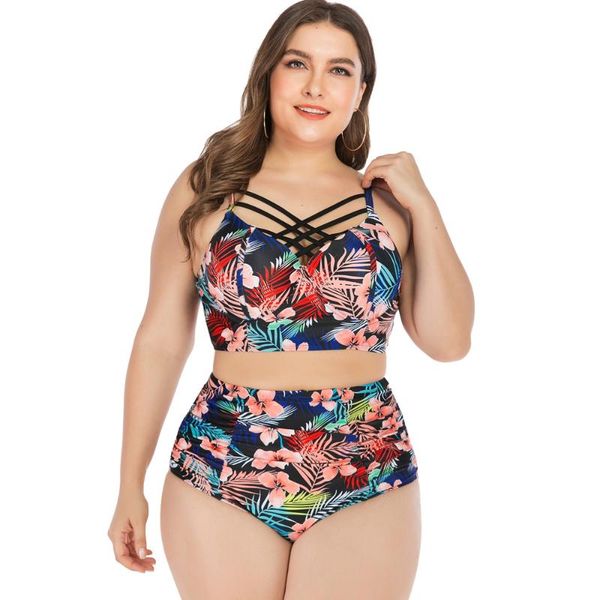 

plus size floral bikini high waisted swimsuit women bandage swimwear vintage bathing suit two piece swimsuit cut out bikini 2020