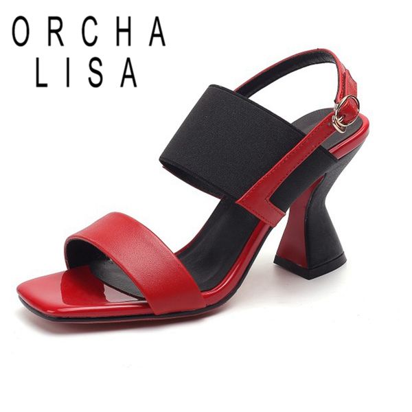 

orcha lisa 2020 spring summer sandal 7cm strange heel genuine leather one-button buckle mixed color big size 33-42 leisure c1757, Black