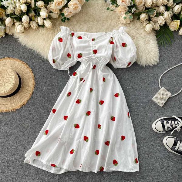 

2020 summer midi dress women off shoulder ruched dresses elegant puff sleeve white fruit embroidery dress, Black;gray