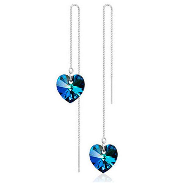 

heart love long earrings for women jewelry blue crystal silver color luxury wedding party drop dangle earrings