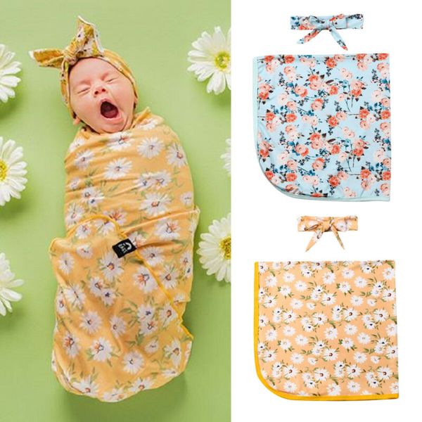 

newborn baby floral swaddle wrap swaddling sleeping bag blanket headband set