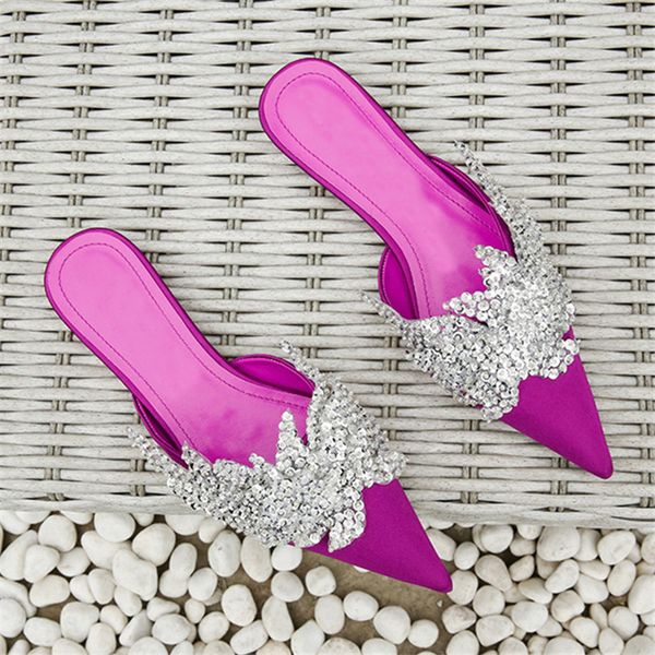 

ystergal black satin women slippers pointed toe mules crystal flat shoes woman loafers outside footwear ladies flats dress shoes t04