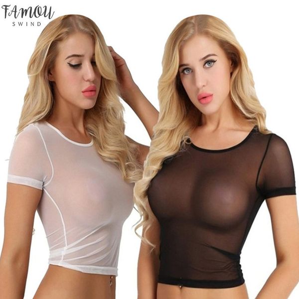 

2pcs ladies womens sheer mesh see through short sleeve crop casual t shirt size v neck s 5xl, White