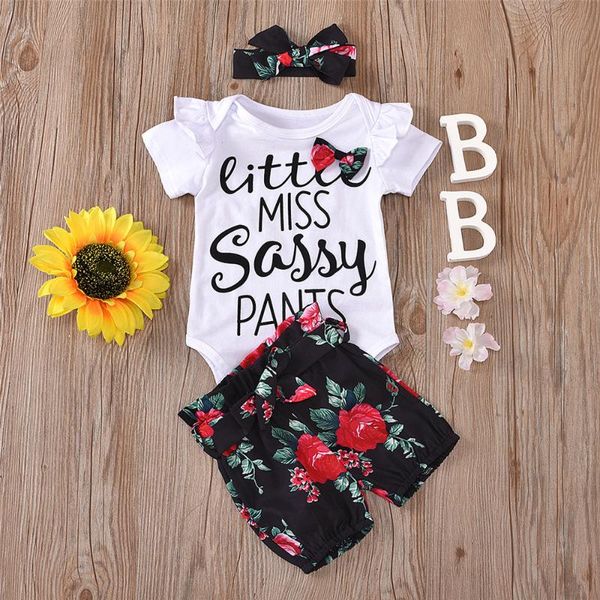 

fashion 3pcs set toddler baby girl summer clothes letter print cotton romper +flower shorts +headband casual outfit, White