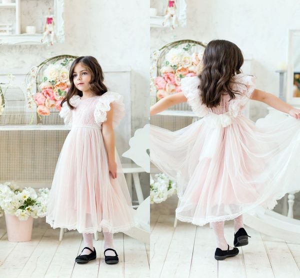 

blush pink cute flower girl dresses lace appliqued tulle tea-length kids birthday party gowns birthday girl formal wedding dresses, White;blue