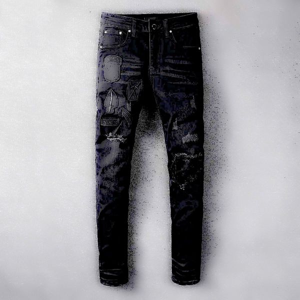 

fashion designer mens jeans new jeans black hole embroidery luxury pants arn1 trend rock revival motorcycle pants slim sports new fashion, Blue
