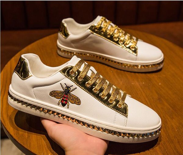 

gold embroidery bees men designer sneakers mens flats casual shoes silver board shoes loafers prom shoes chaussure homme cu09, Black