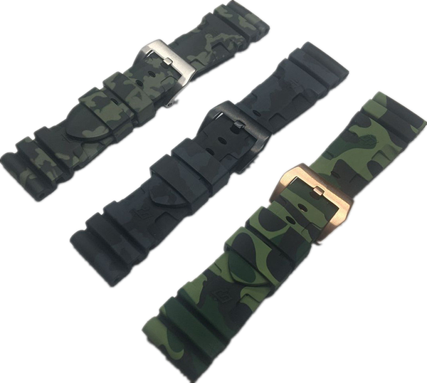 

24mm 26mm waterproof camo silicone rubber watch band for strap for pam111 pam441 watch band pin buckle tools, Black;brown