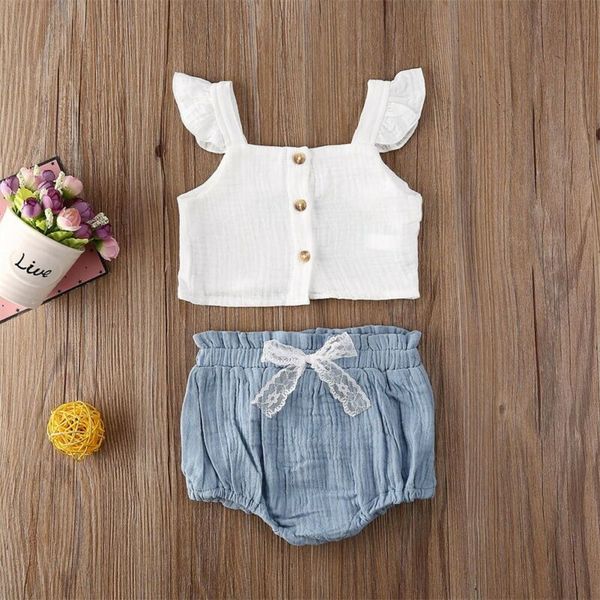 

0-24 м новорожденный младенец девочка наряды одежда оборками жилет футболка топ + мини шорты, White