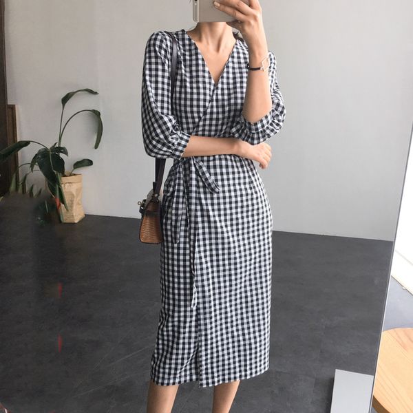 

casual dresses 2021 spring autumn women plaid dress lace up bow wrap v-neck three quarter sleeve high waist one piece, Black;gray