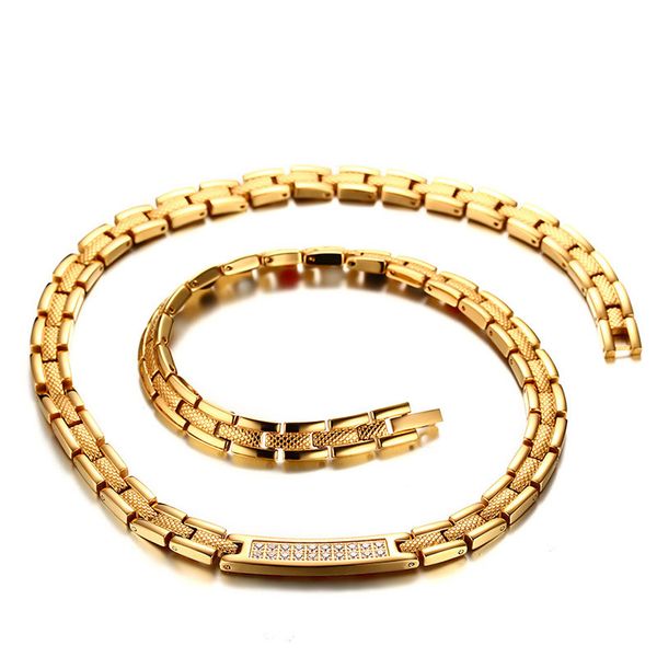 

rhinestone paved gold stainless steel magnet germanium hologram health bling chain link necklace for men hip hop rock jewelry, Silver