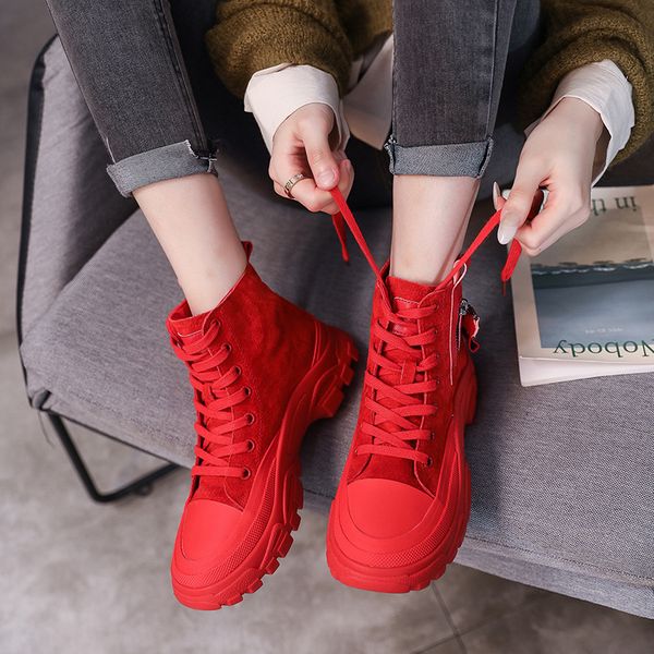 

women shoes autumn wimter lace-up zipper leather red flats shoes rubber high female heigh increasing tenis feminino