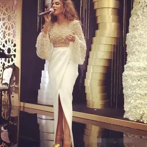

2019 white mermaid evening dresses long poet sleeves scoop neck luxury beaded pearls ruched pleats front slit chiffon celebrity party gown, Black;red