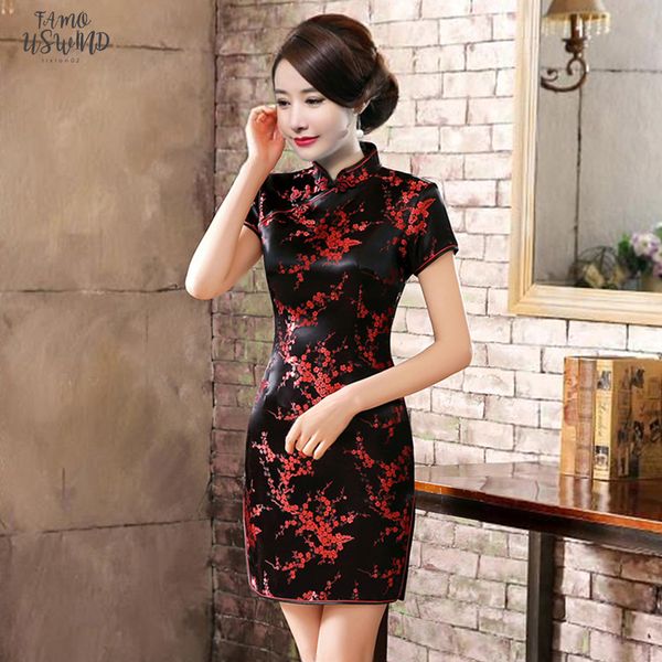 

plus size mini cheongsam new arrival vintage chinese style womens satin qipao spring party dress mujer vestidos s 6xl, Black;gray
