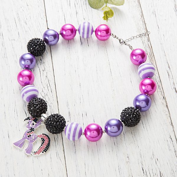 

purple pony pendant necklace kid chunky necklace fashion heart pendant bubblegum bead chunky necklace children jewelry for toddler girls, Silver