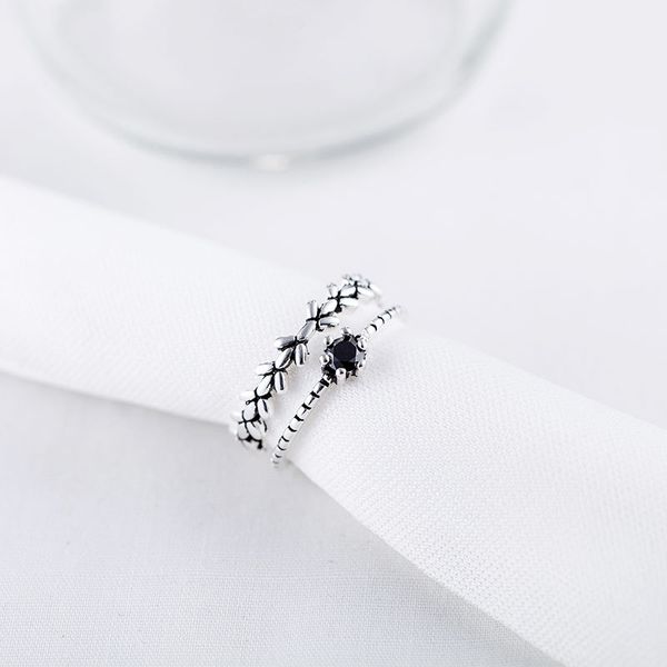 Оптово-925 серебряные кольца Sterling для женщин Obsidian лист двухслойный тайский Silver Index Открытие палец кольцо