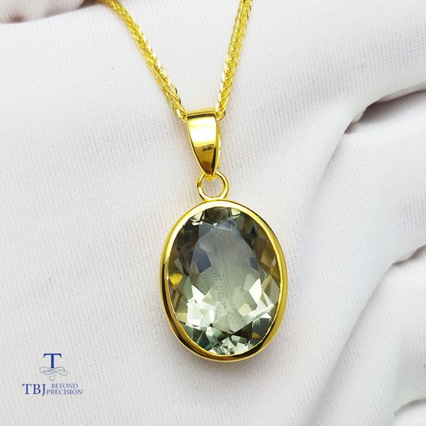 

tbj,simple and classic pendant with natural green amethyst gemstone in 925 sterling silver yellow gold color for women as a gift