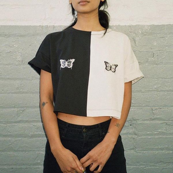 

streetwear patchwork o neck tshirt women summer butterfly embroidery short sleeve t shirt female casual loose cropped tees, White