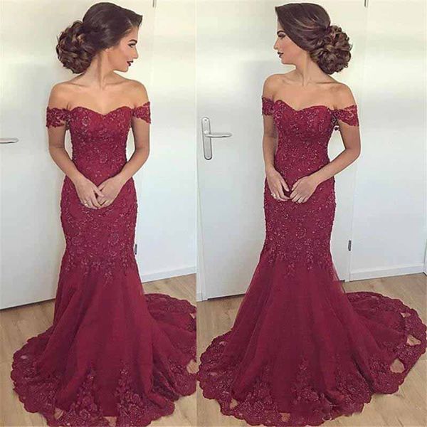 Neues Design 2019 Hot Burgundy Mermaid Prom Abendkleider Arabisch Sexy Off Shoulders Applikationen Perlen Lange Verstidos Formale Party Wear Kleider