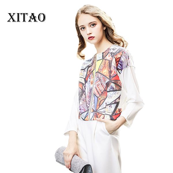 

xitao] 2019 new spring europe fashion women printing three quarter sleeve wide waist round collar zipper casual jacket hjh102, Black;brown