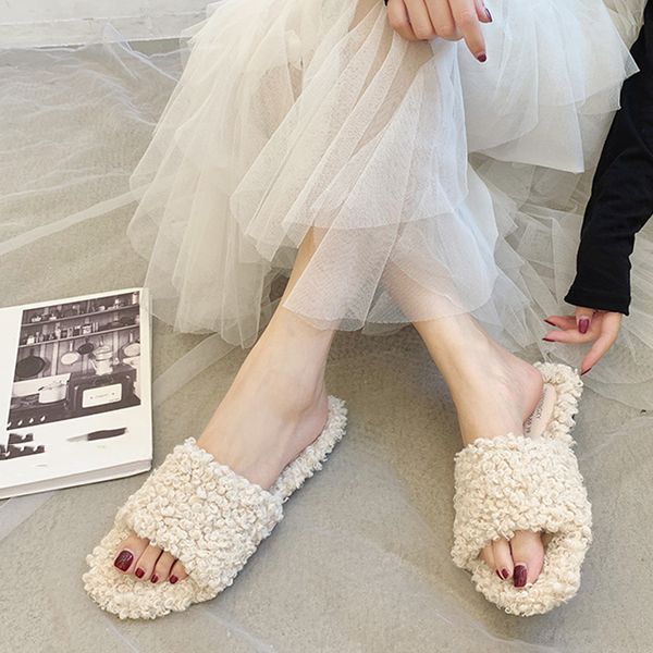 

plush 2019 marketing fall and winter slipper indoor home women shoes lamb hair sandals solid color casual shoe girl, Black