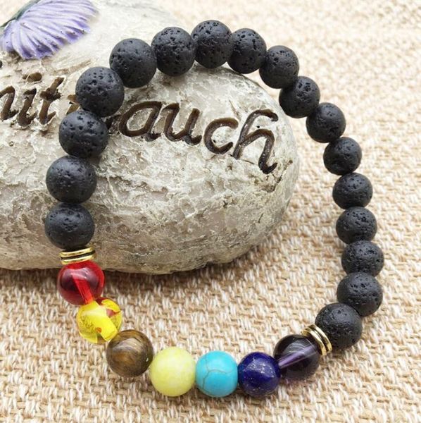 

women's men's natural stone agate lava stone 8mm energy volcanic stone colorful bead bracelet for lovers and couples, Black