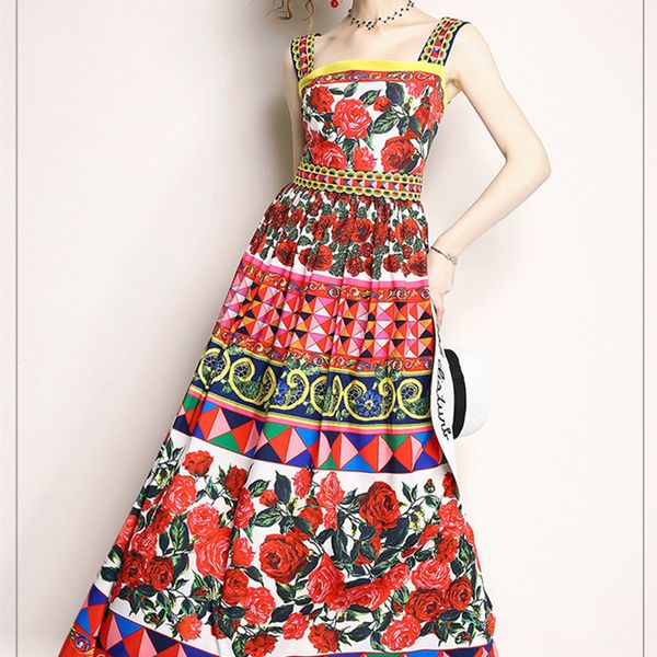 

высокое качество 2020 летние женщины взлетно посадочной полосы сексуальные подтяжки платья элегантный розовый цветочный принт плиссированные, Black;gray