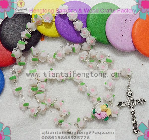 

1pcs/set catholic rosary necklace beautiful voilet soft cerami beads rose rosario with catholic cross, Silver