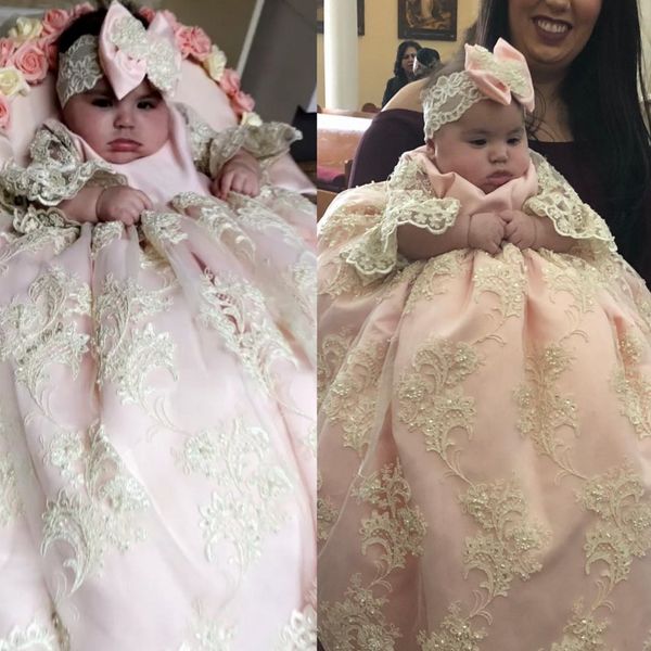 

adorable light pink christening dresses for baby girl infant toddler baptism gowns sequined lace applique kids first communication dress, White