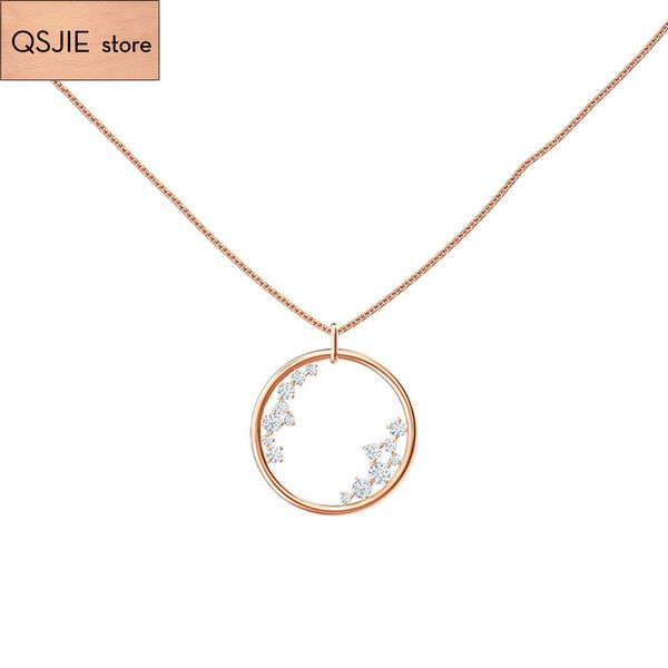 

swa. simple round star circle crystal element hollow pendant necklace, Silver