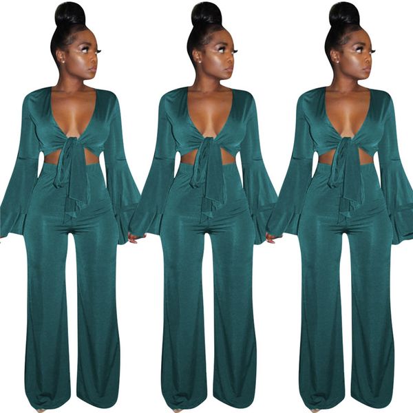 

2 two piece set женщины сплошной цвет v шеи crop top и длинные штаны установить sexy осень длинные рукава мода случайные женщины наборы 2019, Gray