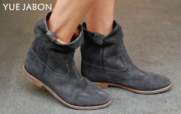 

fashion gray suede leather flat/ increased heel ladies boots street style women autumn cowboy ankle boots real leather shoes, Black
