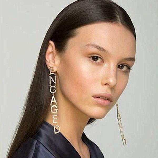 

women fashion rhinestone alloy engaged letters dangle earrings jewelry party show long statement earring accessories, Silver