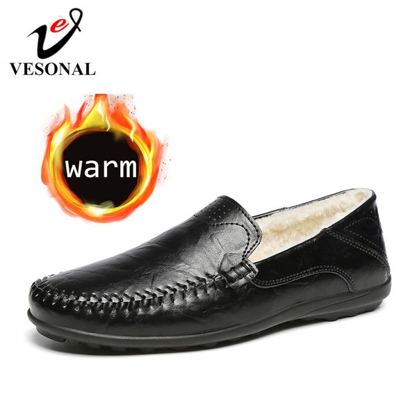

vesonal 2019 winter with fur plush warm genuine leather men shoes loafers soft male moccasins flats casual boat driver driving, Black