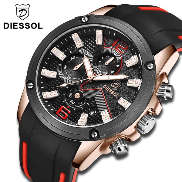 

relogio masculino diessol watch men fashion casual quartz sport watch waterproof mens watches rubber band clock, Slivery;brown