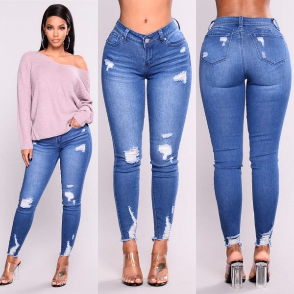 

2019 new blue jeans pancil pants women high waist slim hole ripped denim jeans casual stretch skinny trousers