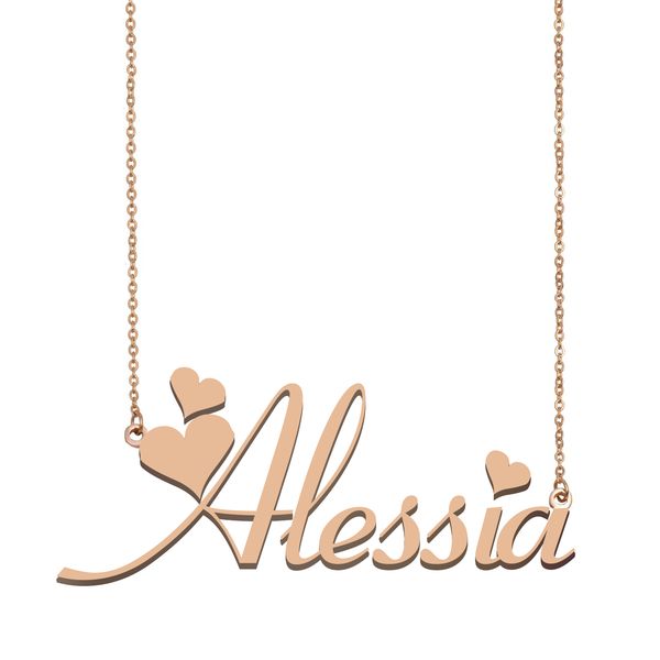 Alessia Namenshalsketten-Anhänger für Frauen und Mädchen, Geburtstagsgeschenk, individuelles Namensschild, Kinder, beste Freunde, Schmuck, 18 Karat vergoldeter Edelstahl