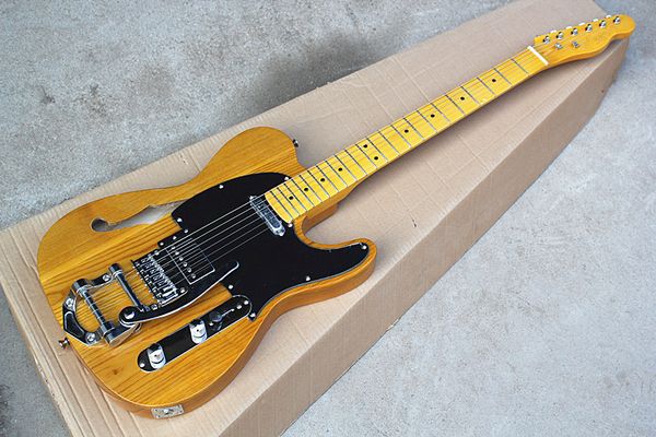 Guitare électrique semi creuse en gros avec corps en frêne noir pickguard, matériaux de manche en érable chromé jaune, offre personnalisée.