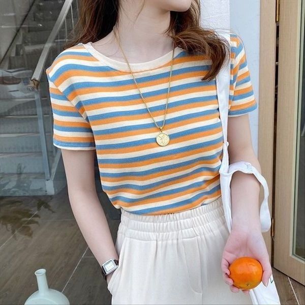 

second hair striped short-sleeved t- 2020 women's slim student base second hair striped short-sleeved t-shirt 2020 women's slim st, White