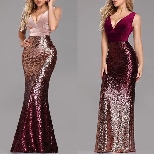 

sequined bodycon dress women v neck gradient evening party dress 2019 elegant female sleeveless slim prom night dresses d25, Black;gray