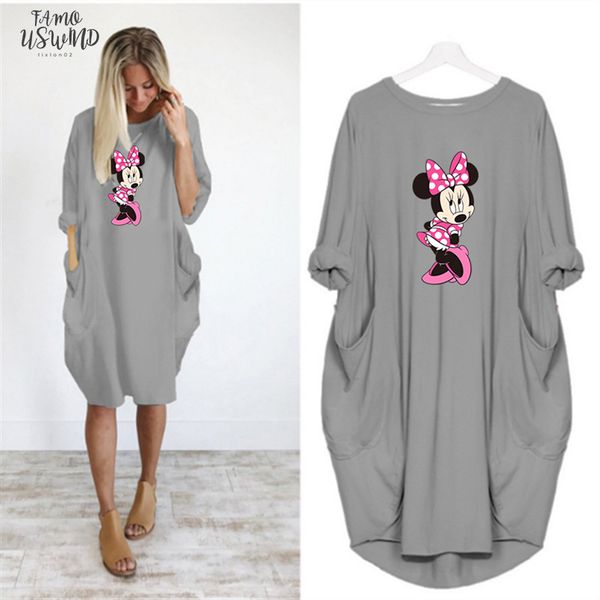

spring dress women cartoon printed pocket loose dresses vintage fall maxi nightdress party casual mujer plus size dress, Black;gray