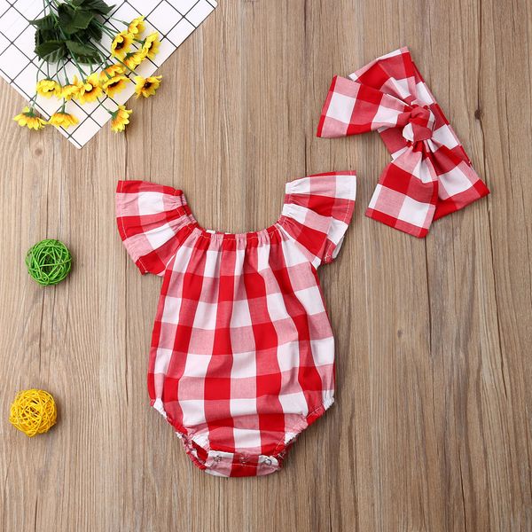 

2019 summer cute toddler baby girls plaid bodysuit short sleeves jumpsuit sunsuit outfit red clothes, White