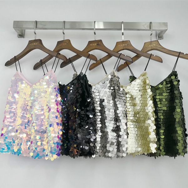 

women glittering beading camis fish scale sequins shirts slim v-neck sling tank dance show high waist crop 2019, White