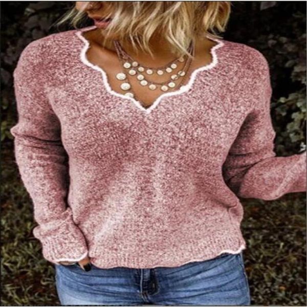 

2020 street fashion pullovers women v-neck pure color long sleeve sweater sweet lovely casual loose sweater, White;black