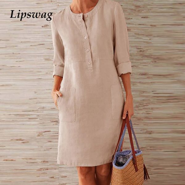 

lipswag 5xl autumn cotton linen dress 2019 fashion button o-neck midi party dress women long sleeve pocket solid plus size, Black;gray