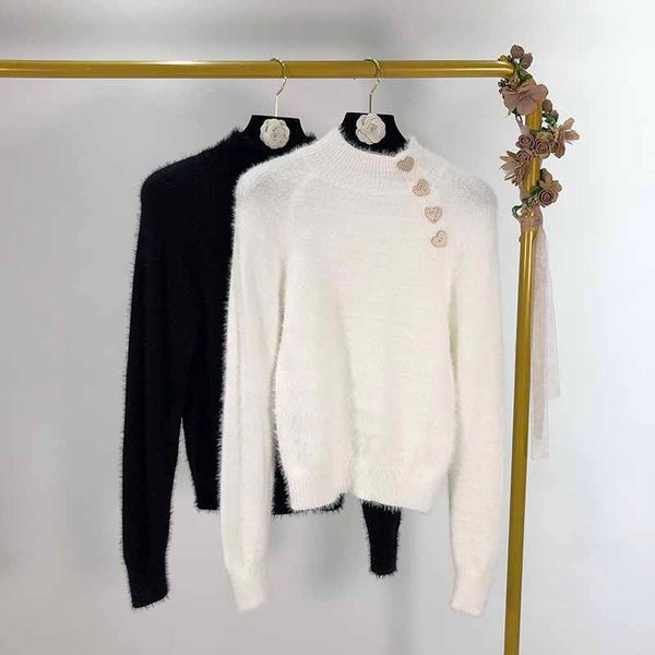 

2019 autumn and winter new mohair love button sweater women, White;black