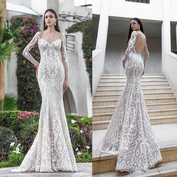 

gorgeous 2019 mermaid wedding dresses scoop neck long sleeves lace bridal gowns slim fit boho beach backless wedding dress custom, White