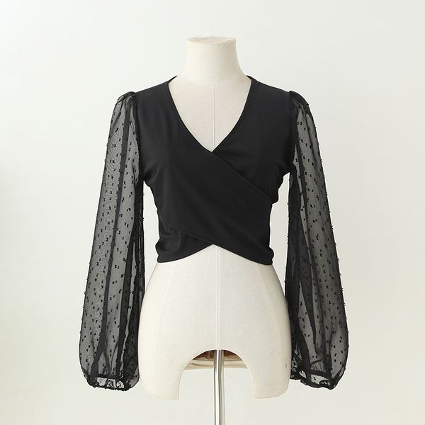 

сексуальные женщины crop top осень 2019 новая мода v-образным вырезом прозрачный рукав блуза современная леди личность пуловер backless одеж, White