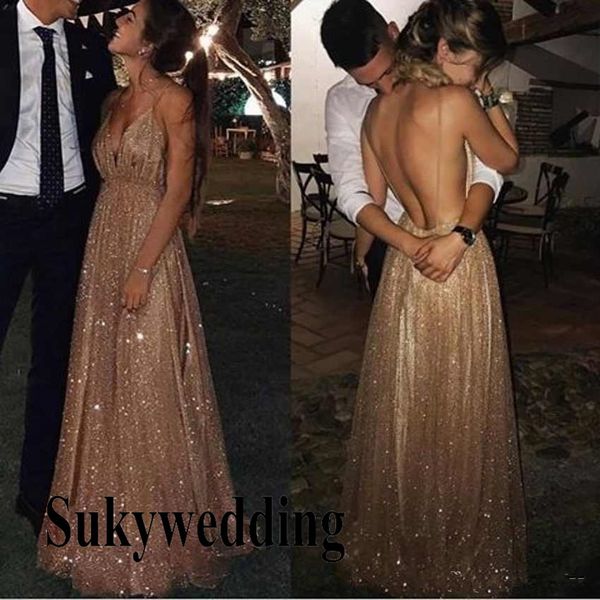 Sexy Gold Sequined Prom Dresses Deep V Neck Backless Evening