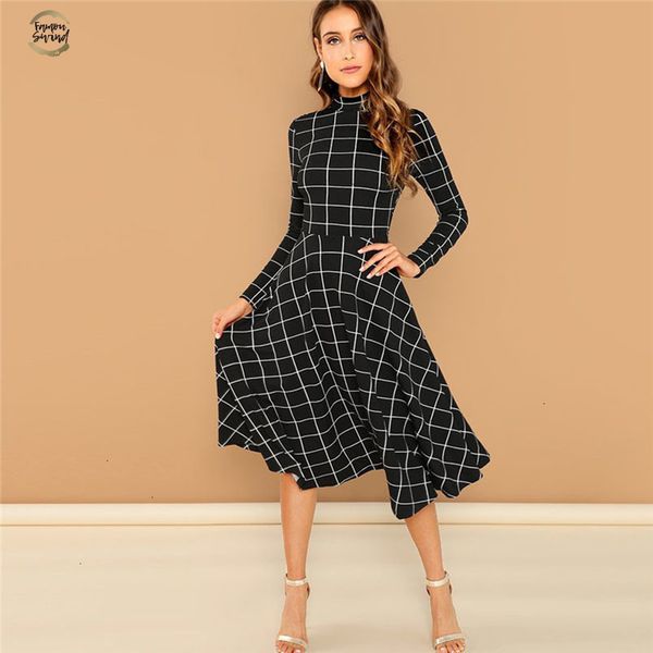 

black elegant plaid print high neck fit and flare long sleeve high waist dress autumn casual women long dresses, Black;gray